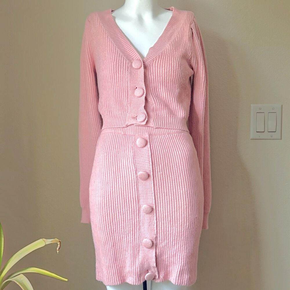 Lulus Womens 2-Piece Pink Textured Knit Button Cardigan Sweater & Skirt Set